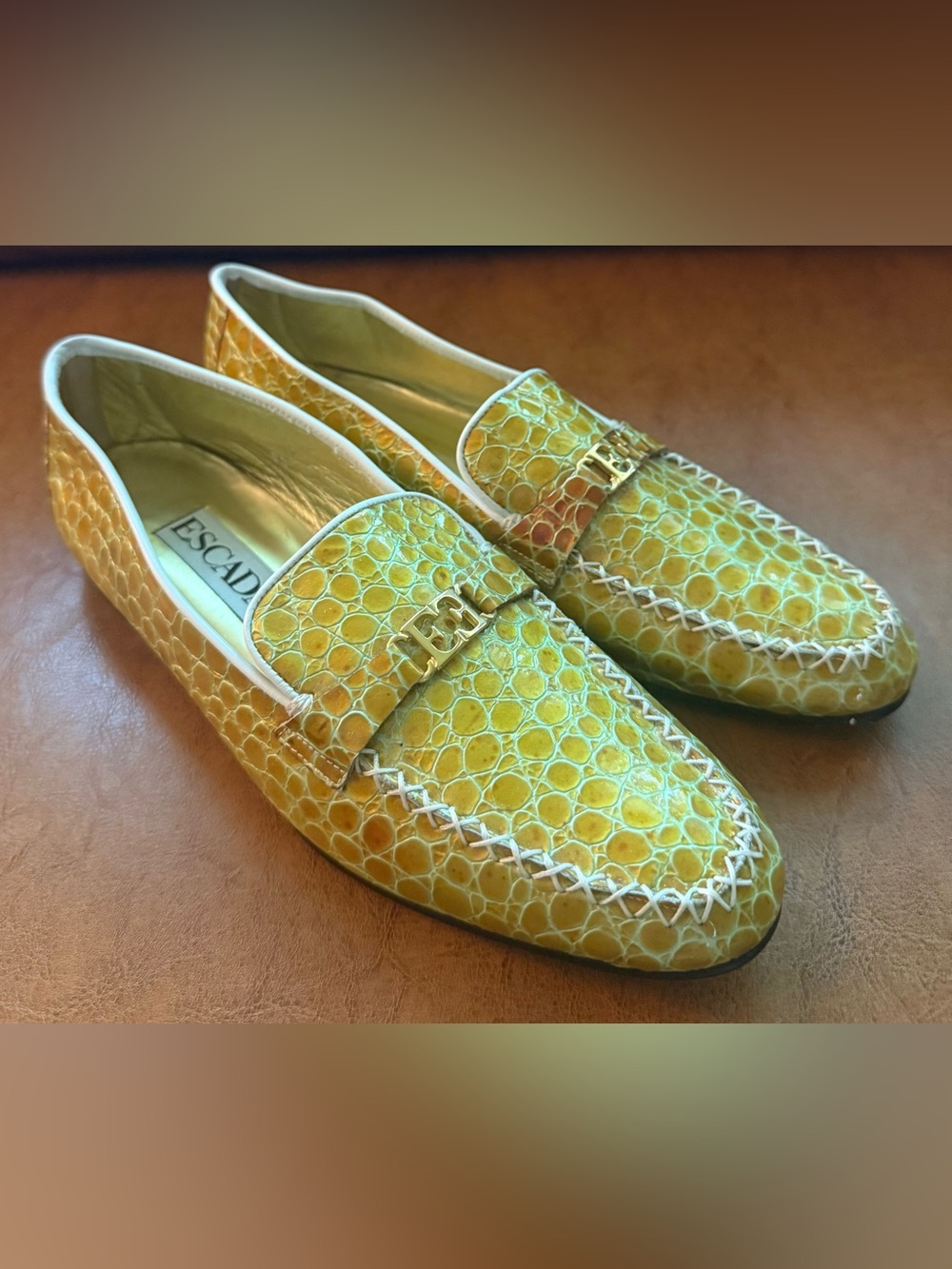 Escada Croc Embossed Patent Leather Loafers Gold 8.5B Italy EE Logo